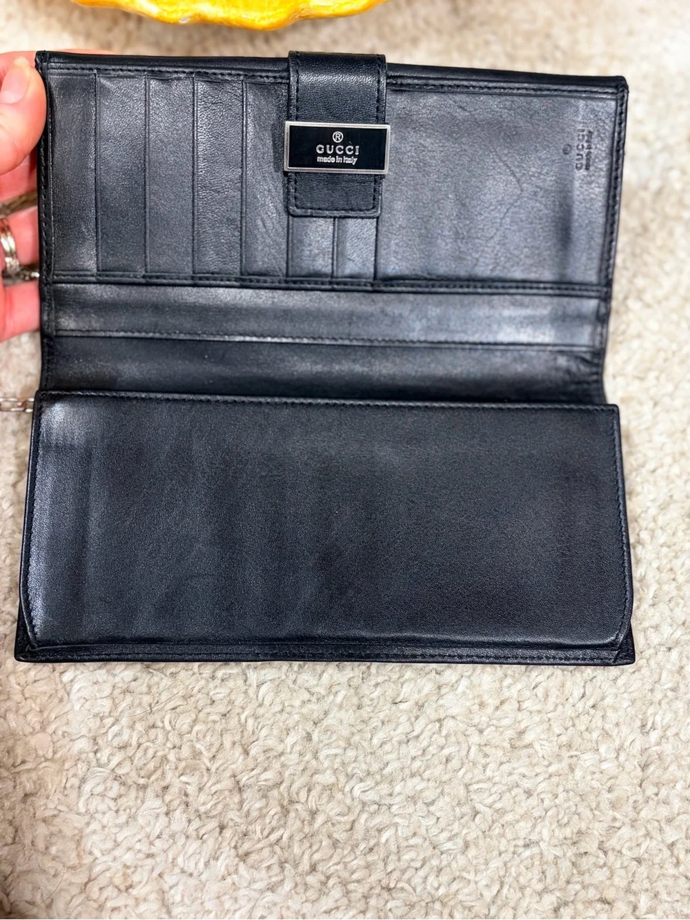 Gucci Black Smooth Leather long wallet on chain